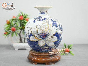 Bình hút lộc men lam vẽ hoa Sen Phú Quý, vẽ vàng 24k, cao 22cm