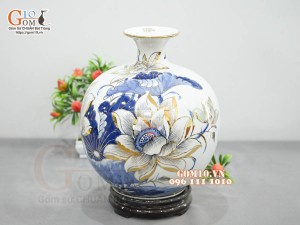 Bình hút lộc men lam vẽ hoa Sen Phú Quý, vẽ vàng 24k, cao 30cm