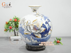 Bình hút lộc men lam vẽ hoa Sen Phú Quý, vẽ vàng 24k, cao 30cm