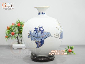 Bình hút lộc men lam vẽ hoa Sen Phú Quý, vẽ vàng 24k, cao 30cm