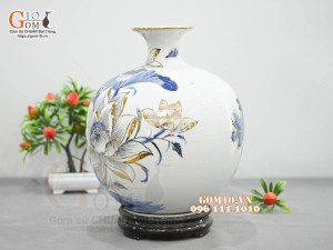 Bình hút lộc men lam vẽ hoa Sen Phú Quý, vẽ vàng 24k, cao 30cm