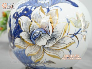 Bình hút lộc men lam vẽ hoa Sen Phú Quý, vẽ vàng 24k, cao 30cm
