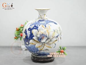 Bình hút lộc men lam vẽ hoa Sen Phú Quý, vẽ vàng 24k, cao 30cm