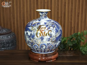 Bình hút lộc men lam vẽ Long Phụng sum vầy vẽ vàng, cao 35cm