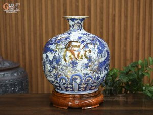 Bình hút lộc men lam vẽ Long Phụng sum vầy vẽ vàng, cao 35cm