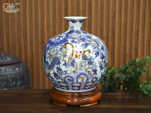 Bình hút lộc men lam vẽ Long Phụng sum vầy vẽ vàng, cao 35cm