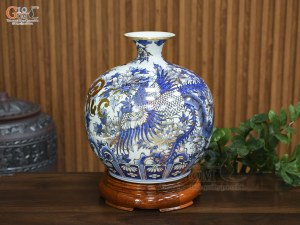 Bình hút lộc men lam vẽ Long Phụng sum vầy vẽ vàng, cao 35cm
