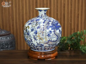 Bình hút lộc men lam vẽ Long Phụng sum vầy vẽ vàng, cao 35cm