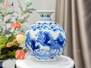 Bình hút lộc men lam vẽ Mã Đáo Thành Công- Thuận Buồm xuôi gió, cao 22cm