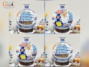 Bình hút lộc men lam vẽ màu cảnh Thuận Buồm Xuôi Gió, cao 35cm