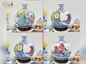 Bình hút lộc men lam vẽ màu nhị cảnh Tài Lộc, cao 35cm