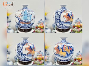 Bình hút lộc men lam vẽ màu Thuận Buồm Xuôi Gió - Mã Đáo Thành Công, cao 35cm