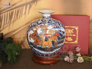 Bình hút lộc men lam vẽ màu Thuận Buồm Xuôi Gió - Mã Đáo Thành Công vẽ vàng 24k, cao 35cm