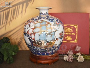 Bình hút lộc men lam vẽ màu Thuận Buồm Xuôi Gió - Mã Đáo Thành Công vẽ vàng 24k, cao 35cm