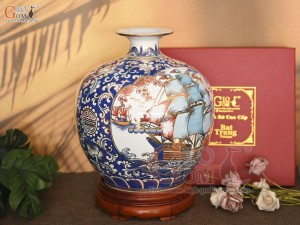 Bình hút lộc men lam vẽ màu Thuận Buồm Xuôi Gió - Mã Đáo Thành Công vẽ vàng 24k, cao 35cm