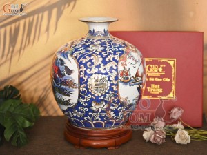 Bình hút lộc men lam vẽ màu Thuận Buồm Xuôi Gió - Mã Đáo Thành Công vẽ vàng 24k, cao 35cm