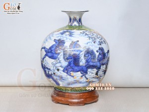 Bình hút lộc men lam vẽ Nhị cảnh Mã Đáo Thành Công - Thuận Buồm Xuôi Gió vẽ vàng 24k, cao 40cm