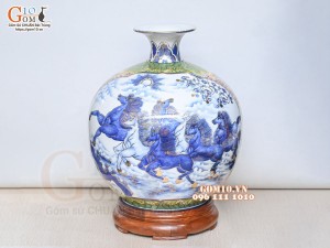 Bình hút lộc men lam vẽ Nhị cảnh Mã Đáo Thành Công - Thuận Buồm Xuôi Gió vẽ vàng 24k, cao 40cm