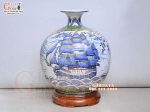 Bình hút lộc men lam vẽ Nhị cảnh Mã Đáo Thành Công - Thuận Buồm Xuôi Gió vẽ vàng 24k, cao 40cm