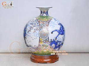 Bình hút lộc men lam vẽ Nhị cảnh Mã Đáo Thành Công - Thuận Buồm Xuôi Gió vẽ vàng 24k, cao 40cm