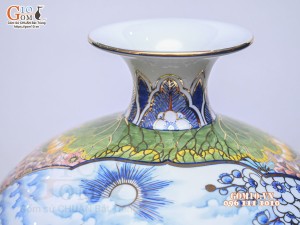 Bình hút lộc men lam vẽ Nhị cảnh Mã Đáo Thành Công - Thuận Buồm Xuôi Gió vẽ vàng 24k, cao 40cm