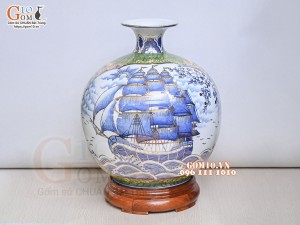 Bình hút lộc men lam vẽ Nhị cảnh Mã Đáo Thành Công - Thuận Buồm Xuôi Gió vẽ vàng 24k, cao 40cm