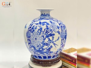 Bình hút lộc men lam vẽ tứ cảnh Tùng Cúc Trúc Mai, cao 35cm