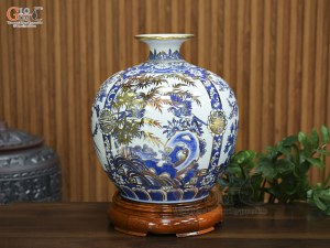 Bình hút lộc men lam vẽ tứ cảnh Tùng Cúc Trúc Mai vẽ vàng, cao 35cm
