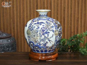 Bình hút lộc men lam vẽ tứ cảnh Tùng Cúc Trúc Mai vẽ vàng, cao 35cm