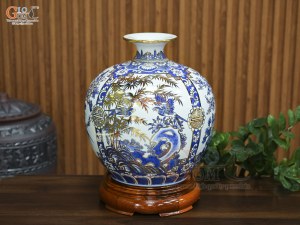 Bình hút lộc men lam vẽ tứ cảnh Tùng Cúc Trúc Mai vẽ vàng, cao 35cm