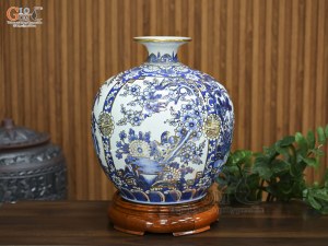 Bình hút lộc men lam vẽ tứ cảnh Tùng Cúc Trúc Mai vẽ vàng, cao 35cm