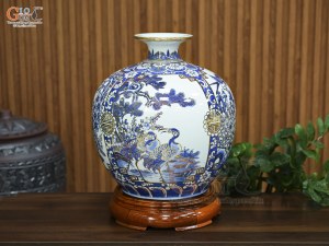 Bình hút lộc men lam vẽ tứ cảnh Tùng Cúc Trúc Mai vẽ vàng, cao 35cm