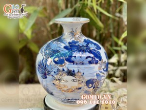 Bình hút lộc men lam vẽ vàng 24k, cảnh cá Chép Sen Phú Quý cao 22cm