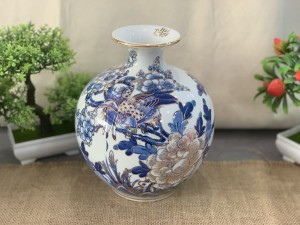 Bình hút lộc men lam vẽ vàng 24k, cảnh Chim Trĩ Phù Dung, cao 21cm