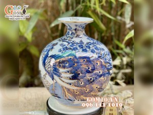 Bình hút lộc men lam vẽ vàng 24k, cảnh Công Danh Phú Quý cao 28cm Bình hút lộc men lam vẽ vàng 24k, cảnh Công Danh Phú Quý cao 28cm