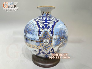 Bình hút lộc men lam vẽ vàng 24k, cảnh Hà Nội, cao 32cm