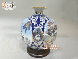 Bình hút lộc men lam vẽ vàng 24k, cảnh Hà Nội, cao 32cm