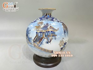 Bình hút lộc men lam vẽ vàng 24k, cảnh Hà Nội, cao 32cm