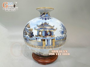 Bình hút lộc men lam vẽ vàng 24k, cảnh Hà Nội, cao 32cm