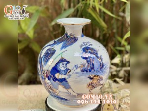 Bình hút lộc men lam vẽ vàng 24k, cảnh Ngư Ông Đắc Lợi cao 22cm