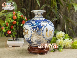 Bình hút lộc men lam vẽ vàng 24k, cảnh Phát Tài Phát Lộc, cao 22cm