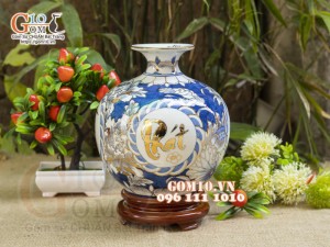 Bình hút lộc men lam vẽ vàng 24k, cảnh Phát Tài Phát Lộc, cao 22cm