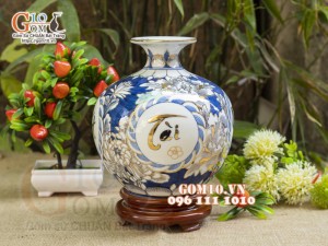 Bình hút lộc men lam vẽ vàng 24k, cảnh Phát Tài Phát Lộc, cao 22cm