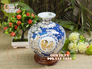 Bình hút lộc men lam vẽ vàng 24k, cảnh Phát Tài Phát Lộc, cao 22cm