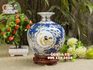 Bình hút lộc men lam vẽ vàng 24k, cảnh Phát Tài Phát Lộc, cao 22cm