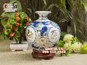 Bình hút lộc men lam vẽ vàng 24k, cảnh Phát Tài Phát Lộc, cao 22cm