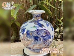 Bình hút lộc men lam vẽ vàng 24k, cảnh Phú Quý Trường Thọ cao 22cm