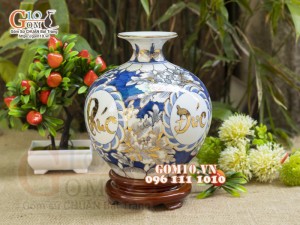 Bình hút lộc men lam vẽ vàng 24k, cảnh Phúc Đức Tài Lộc, cao 22cm