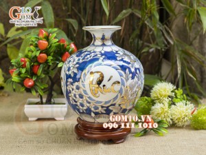 Bình hút lộc men lam vẽ vàng 24k, cảnh Phúc Đức Tài Lộc, cao 22cm