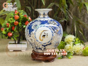 Bình hút lộc men lam vẽ vàng 24k, cảnh Phúc Đức Tài Lộc, cao 22cm